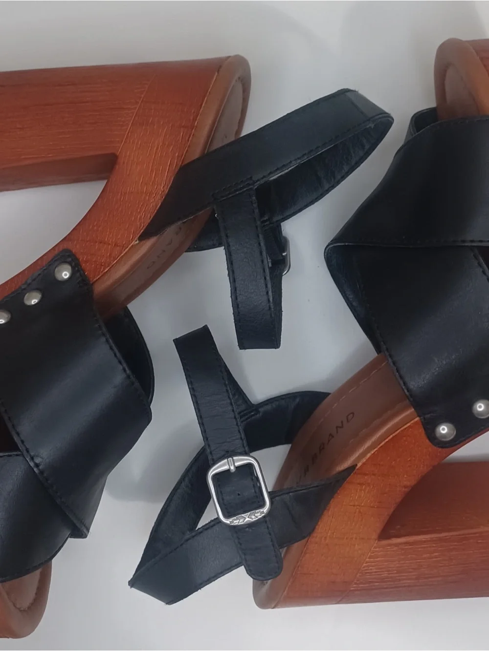 Lucky Brand Black Leather Platform Sandals with Wood Block Heel
